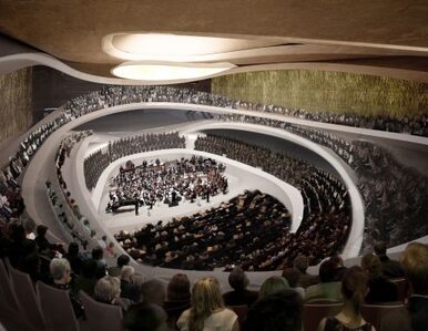 Zobacz salę koncertową Sinfonii Varsovii z wiszącymi balkonami. W...