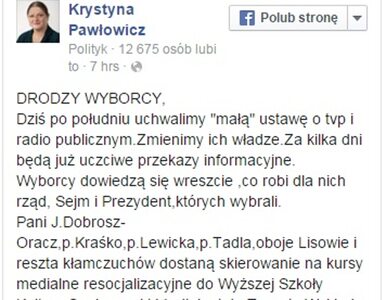 Krystyna Pawłowicz wysyła dziennikarzy TVP na szkolenie do szkoły ojca...