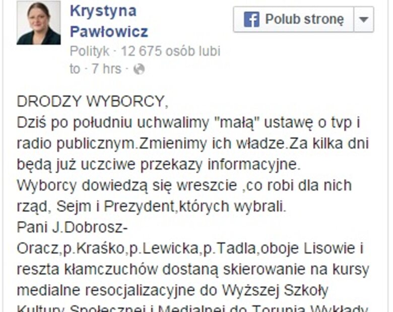 Miniatura: Krystyna Pawłowicz wysyła dziennikarzy TVP...